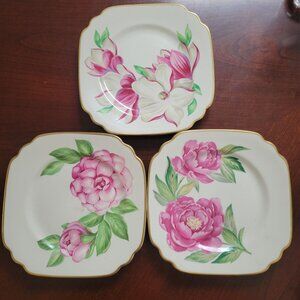 Vintage Syracuse China Floral Plates Square With Gold Trim Peony & Camellia Desi